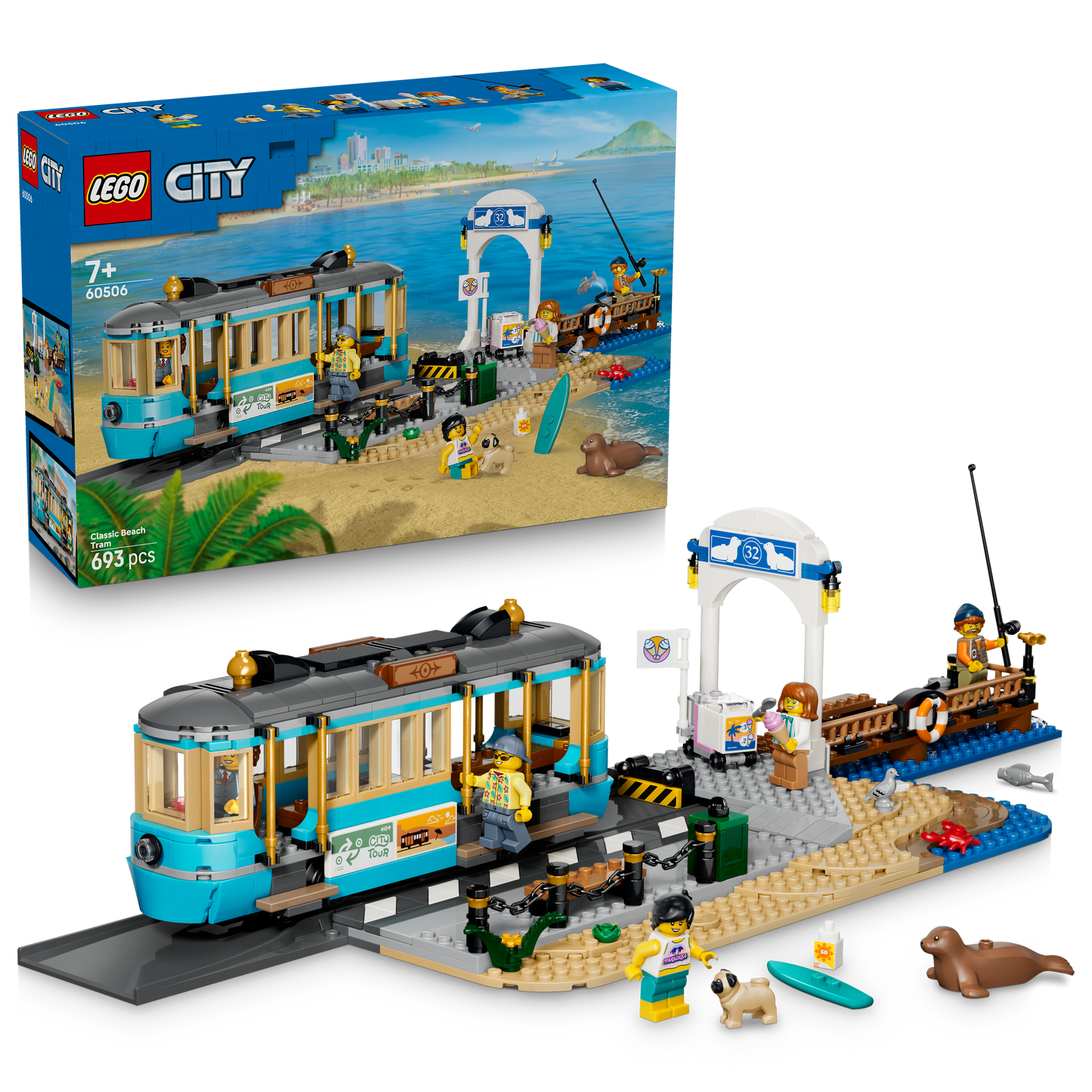 LEGO City Klassieke Strandtram - Bouwpakket voor Kinderen met Spoor, Straatdecor, 5 Minifiguren en 5 Speelgoed Dieren Figuren - Cadeau Voor Jongens en Meisjes Vanaf 7 Jaar - 60506