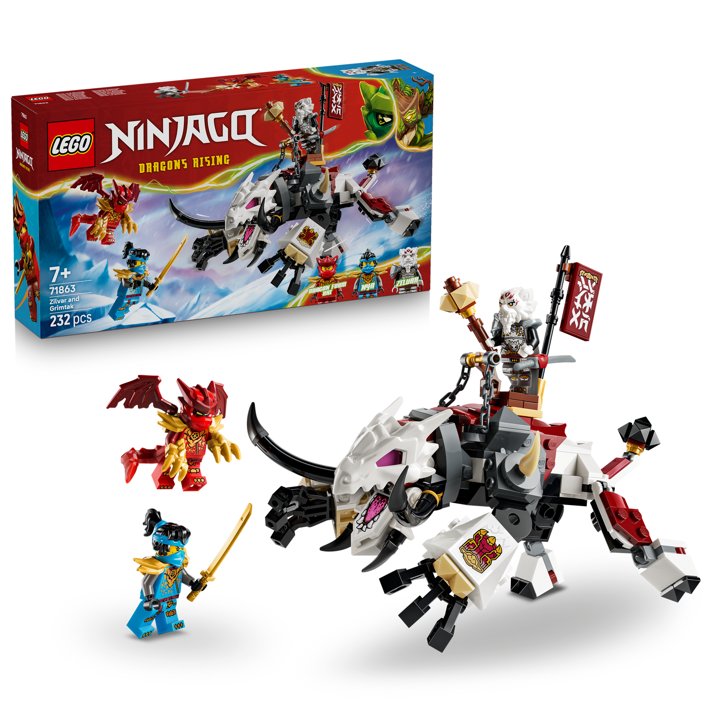 LEGO NINJAGO Zilvar en Grimtak het Drakenbeest - Bouwpakket voor Kinderen - Speelgoed Draak Actiefiguur met 3 Minifiguren - Cadeau voor Jongens en Meisjes Vanaf 7 Jaar - 71863