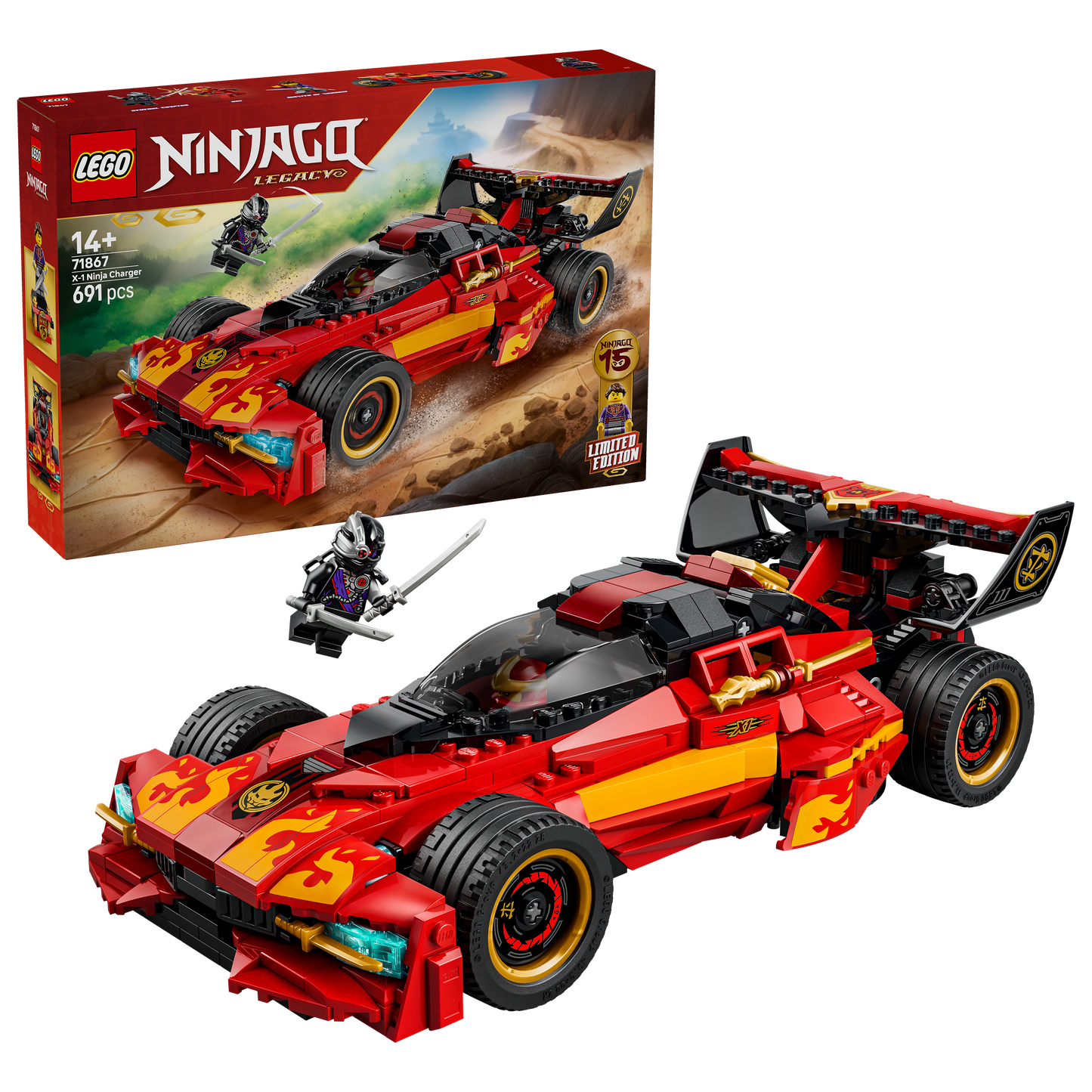 LEGO NINJAGO 15-jarig Jubileum: X-1 Ninja Charger – Speelgoed Auto Bouwpakket met Motor en 3 Minifiguren Incl. Kai – Nostalgisch Cadeau voor Jongens vanaf 14 Jaar en Volwassen Fans – 71867