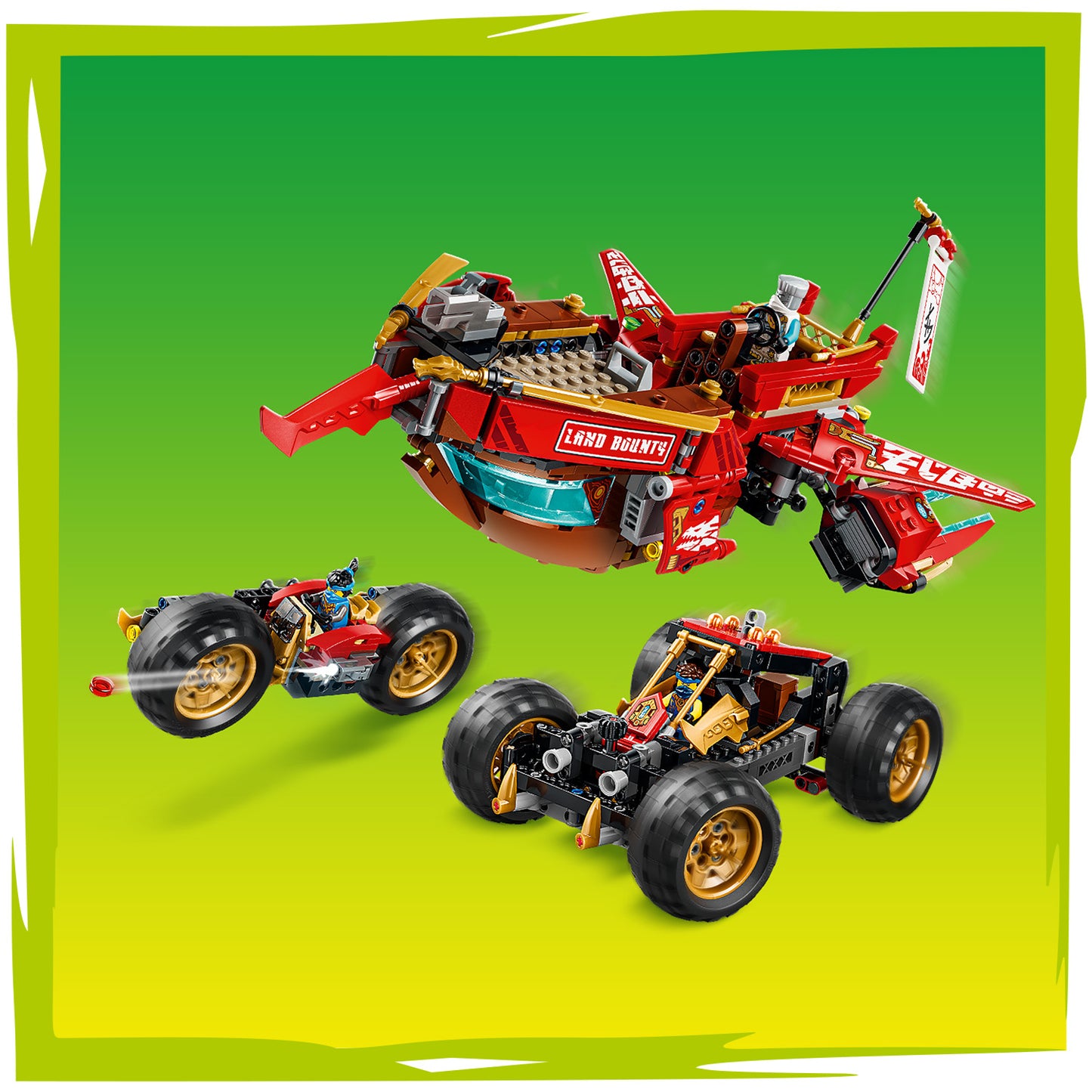LEGO NINJAGO Land-Bounty - Bouwpakket voor Kinderen Vanaf 9 Jaar met 3 Voertuigen en 6 Minifiguren - Incl. Speelgoed Motor, Terreinbuggy en Schip - Cadeau voor Jongens en Meisjes - 71869