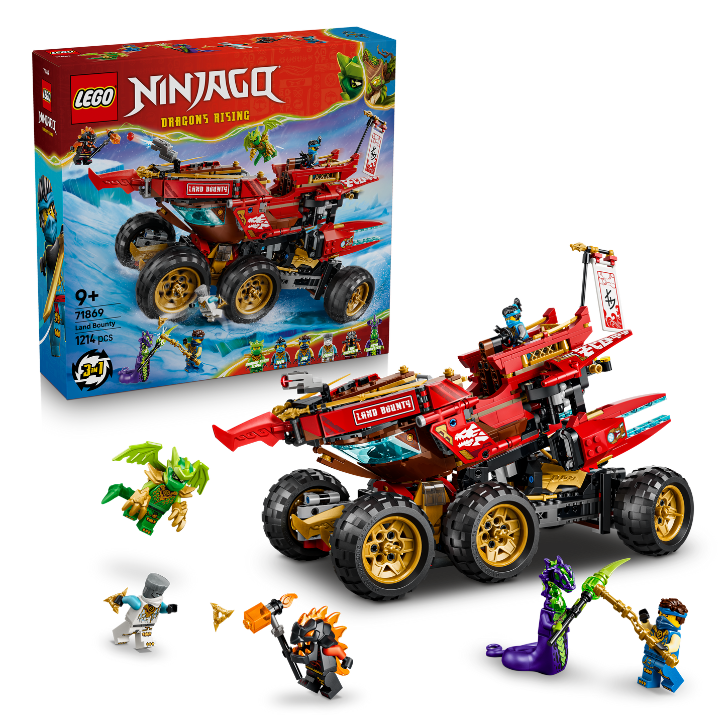 LEGO NINJAGO Land-Bounty - Bouwpakket voor Kinderen Vanaf 9 Jaar met 3 Voertuigen en 6 Minifiguren - Incl. Speelgoed Motor, Terreinbuggy en Schip - Cadeau voor Jongens en Meisjes - 71869