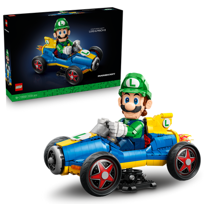 LEGO Mario Kart: Luigi en Mach 8 – Nintendo Personage Displayfiguur en Auto Bouwpakket voor Volwassenen – Verzamelbare Gaming Merchandise – Cadeau-idee voor Fans – 72050